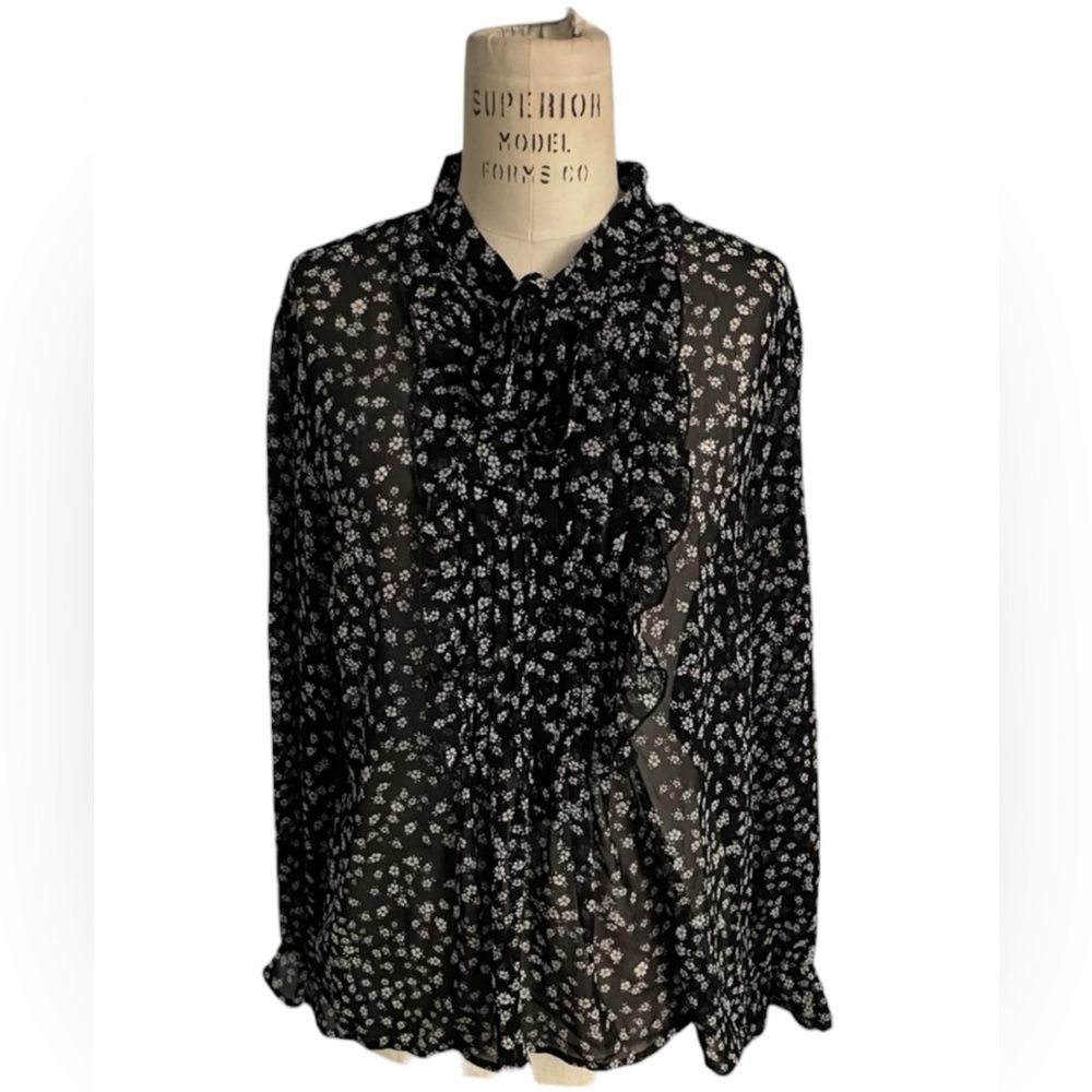 Express Black White Floral Blouse Ruffle Front Sheer Tie Neckline Office Size M‎